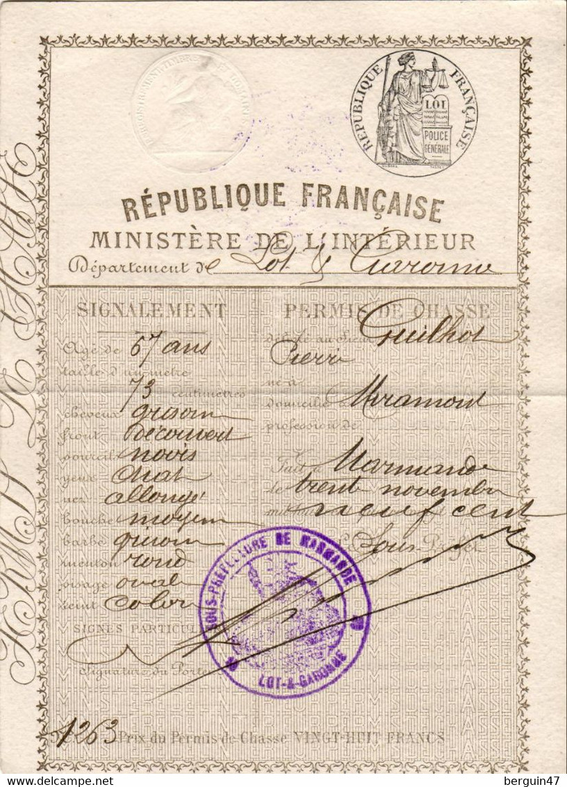 PERMIS DE CHASSE LOT ET GARONNE  ANNÉE 1900 - Historische Documenten