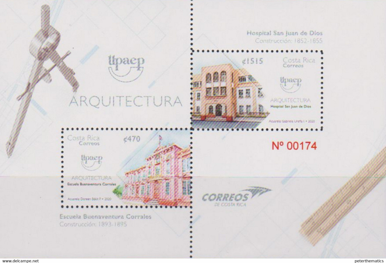 COSTA RICA, 2020, MNH, UPAEP, ARCHITECTURE, HOSPITALS , SCHOOLS, EDUCATION, SHEETLET - Sonstige & Ohne Zuordnung