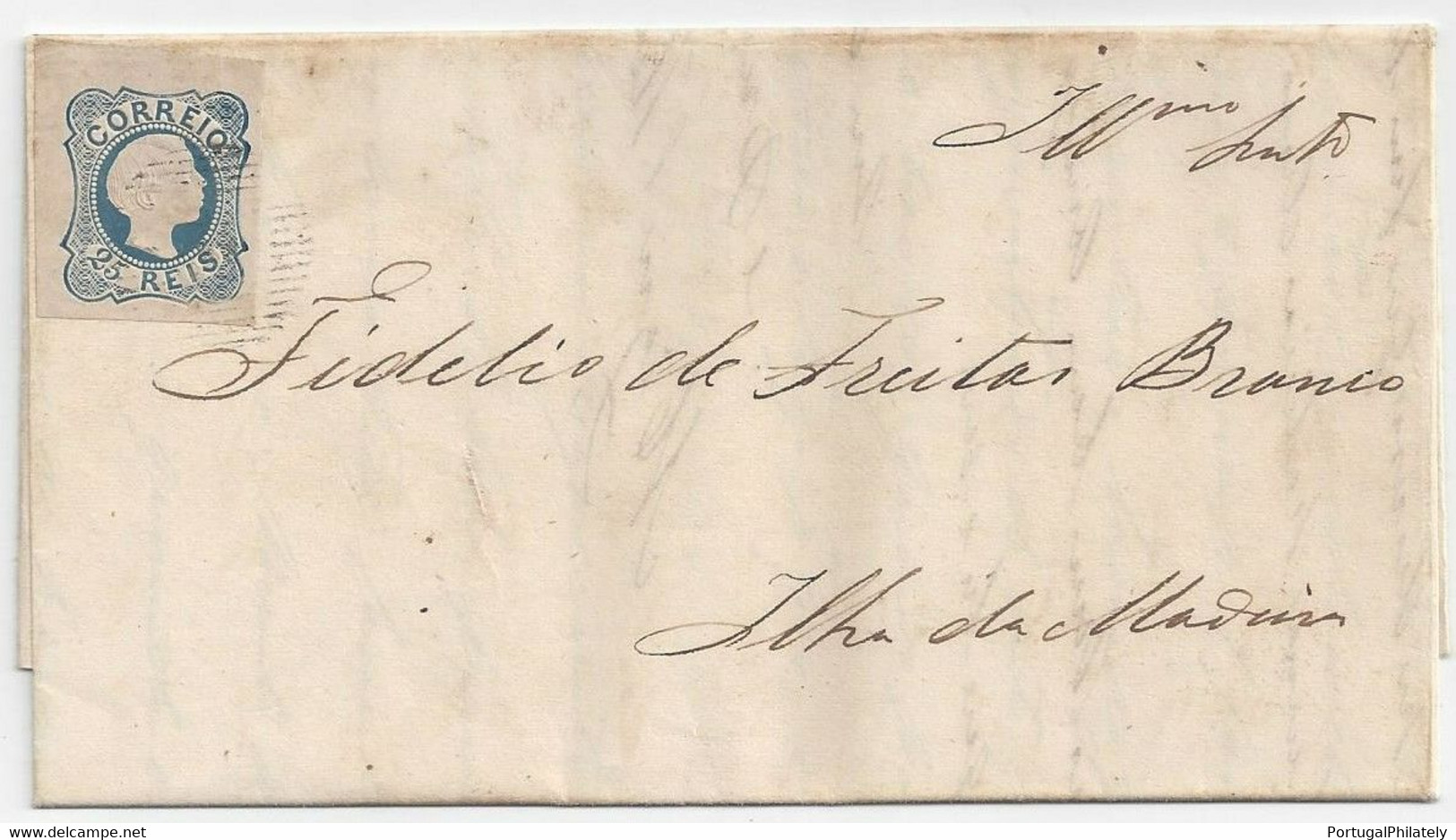 R Azores HORTA Sep.1855 Cover To FUNCHAL (Madeira Island) D. Pedro V Straight Hair 25 Reis Blue Type 1 Stamp 49 Postmark - Açores