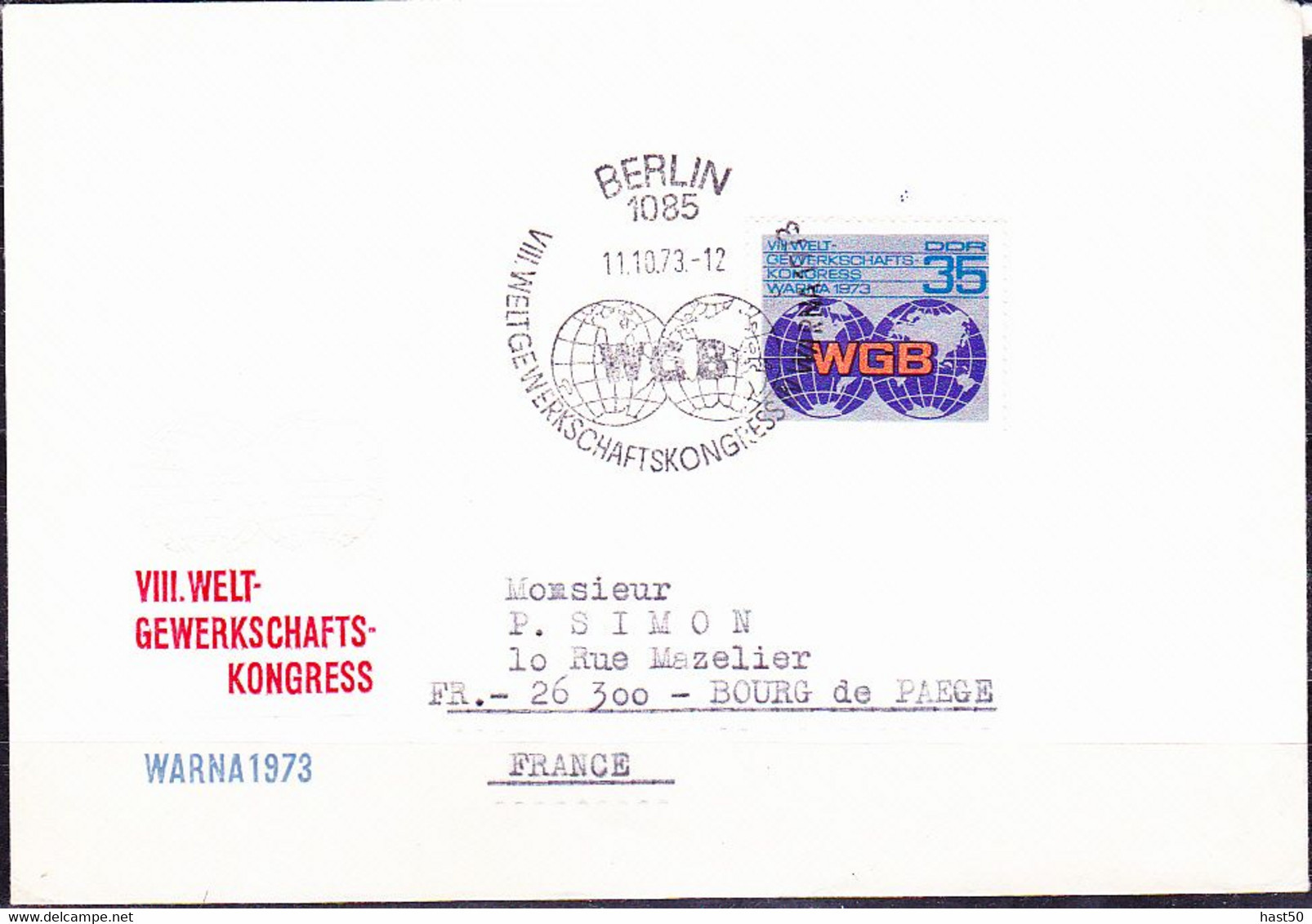 DDR GDR RDA - 7. WGB - Kongress (MiNr: 1885) 1973 - FDC Gelaufen - 1971-1980