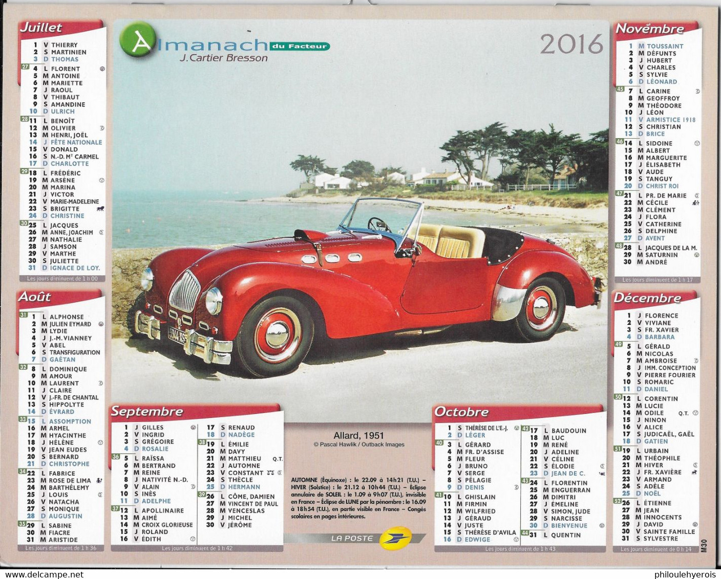 CALENDRIER 2016 VOITURES BUGATTI TYPE 49 1932 ET ALLARD 1951 - Formato Grande : 2001-...