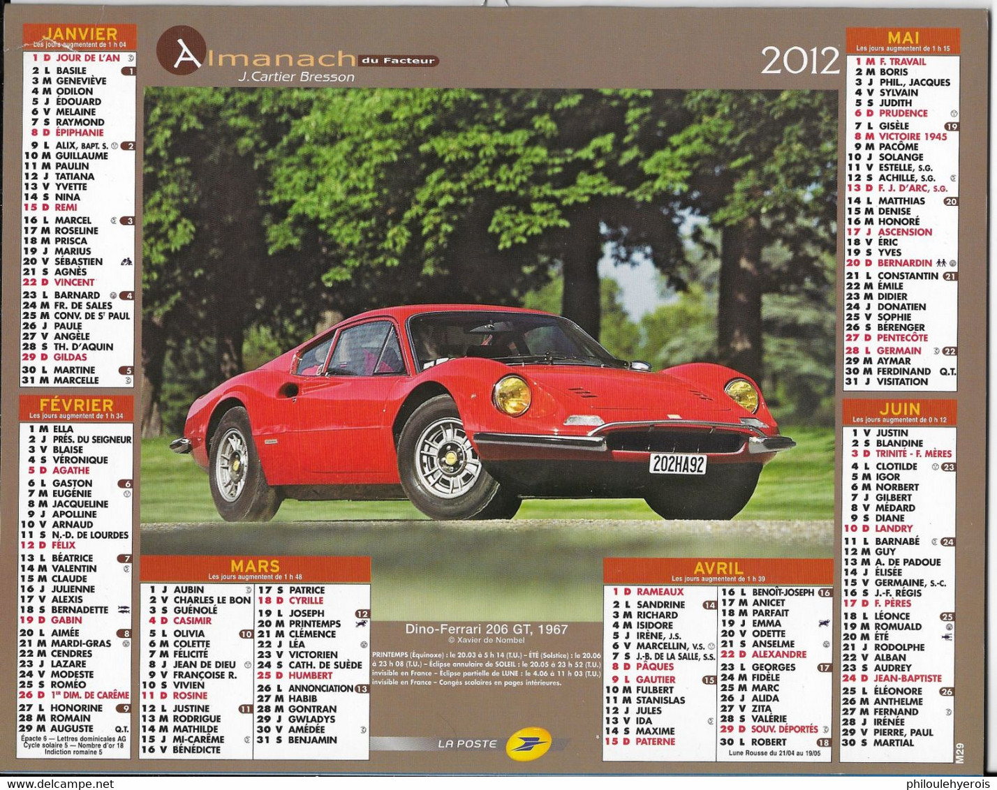 CALENDRIER 2012 VOITURES DINO FERRARI 206 GT 1967 ET ASTON MARTIN DB S 1967 - Grossformat : 2001-...