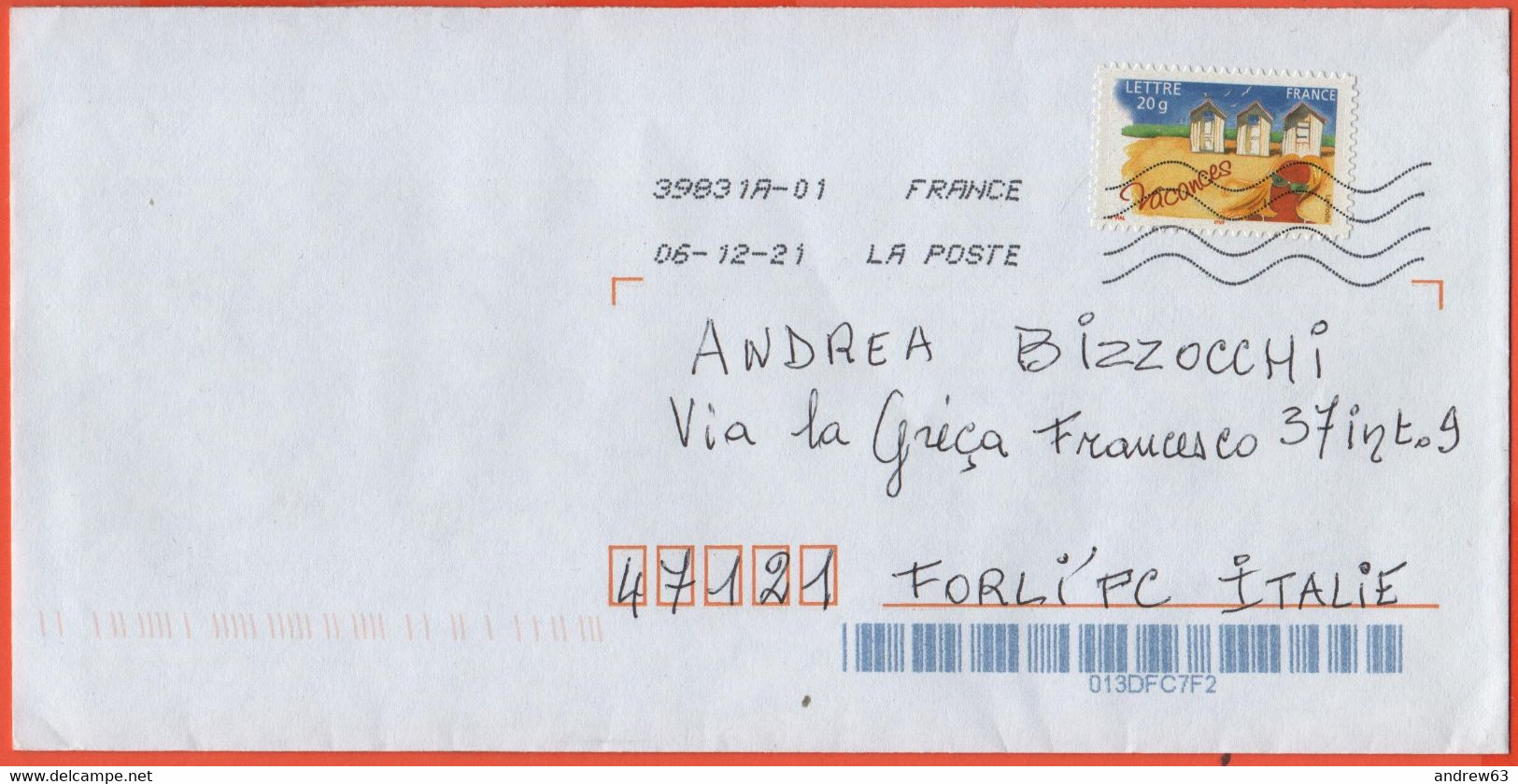 FRANCIA - France - 2021 - Lettre 20g Vacances - Viaggiata Da 39831A-01 Per Forlì, Italy - Covers & Documents