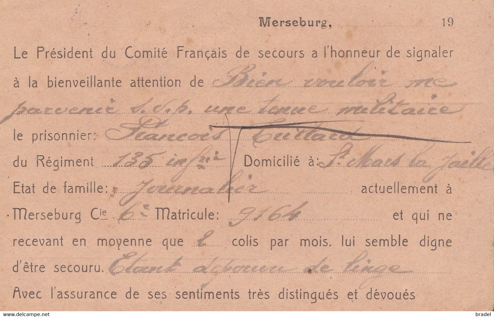 Carte Du Comité De Secours Du Camp De Prisonniers De Merseburg Kriegsgefangenensendung Soldat Tuillard 135 RI Angers - Cartas & Documentos
