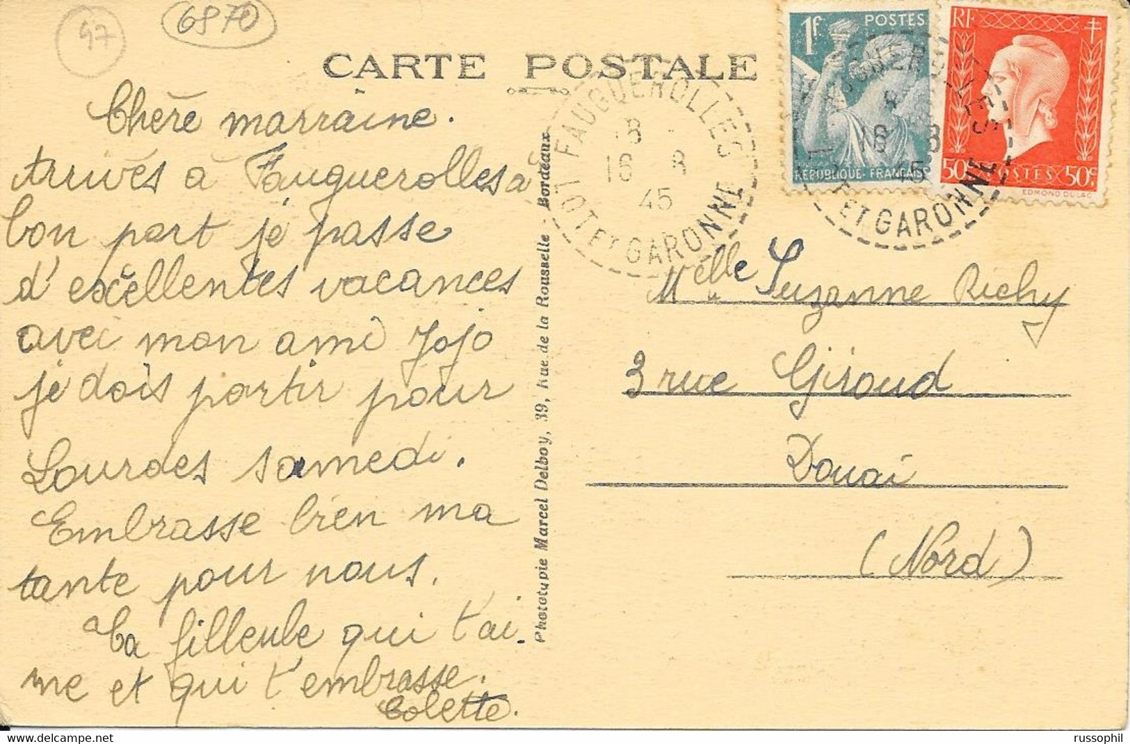 FRANCE - DISTRIBUTION OFFICE DOTTED CDS FAUGUEROLLES (47) ON FRANKED PC (VIEW OF "FAUQUEROLLES") TO DOUAI (59) - 1945 - 1921-1960: Modern Tijdperk