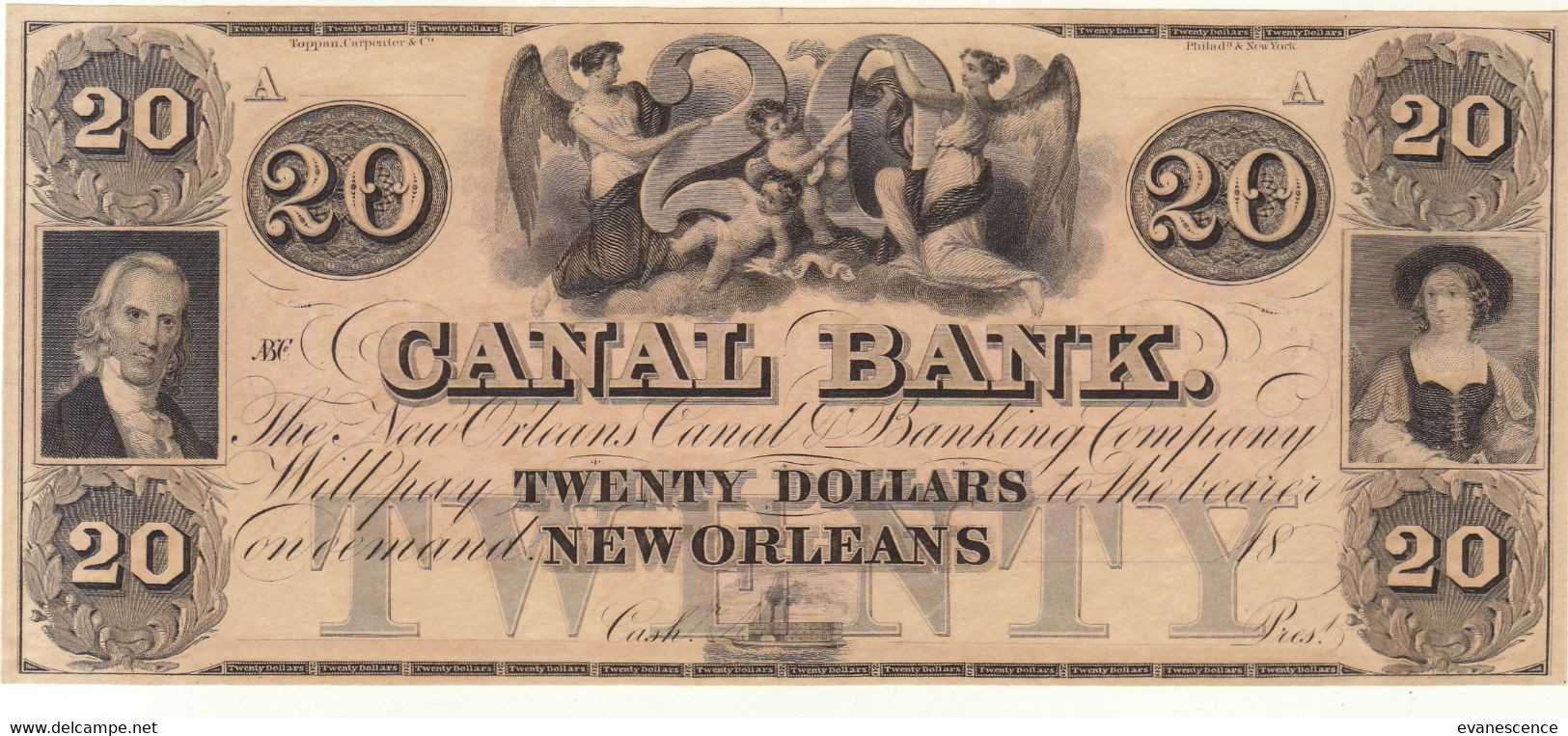 Billet De 20 Dollars 1850 : Non émis : New Orleans   : état   Bon   ///  Réf. Janv. 22 - Devise De La Confédération (1861-1864)