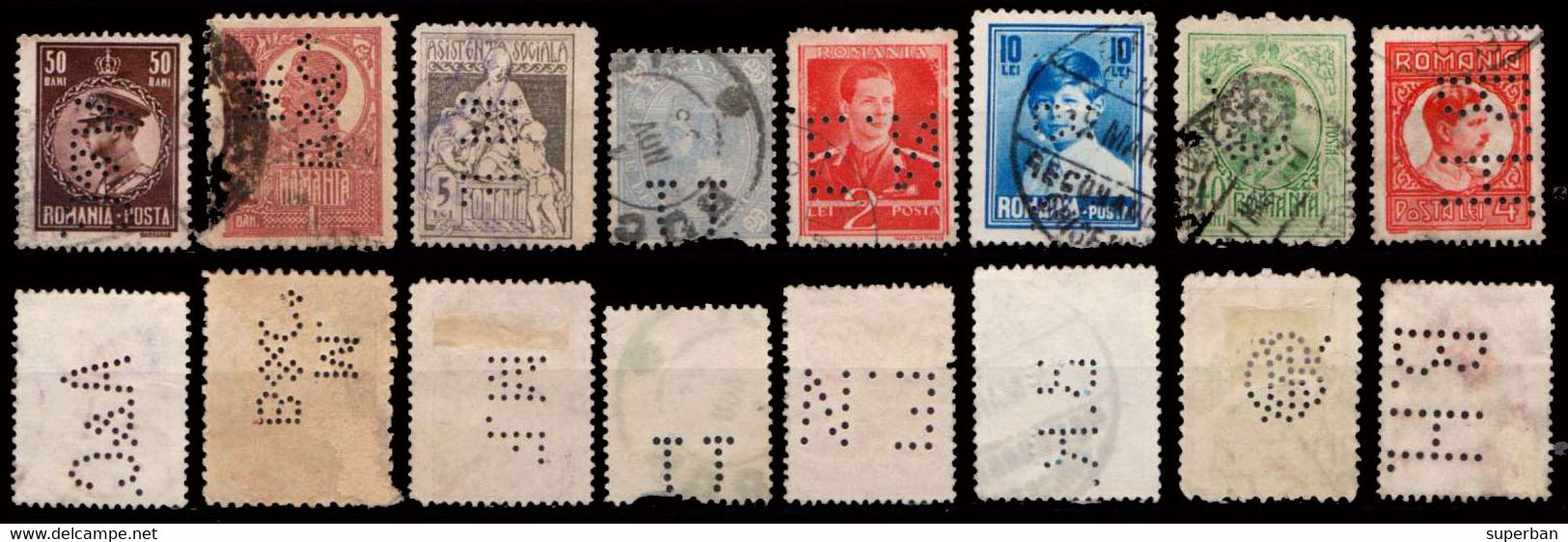 ROMANIA - 46 TIMBRE cu PERFIN - LOT de 46 TIMBRES PERFORÉS / BATCH of 46 STAMPS with PERFORATIONS ~ 1900 - '940 (ai880)