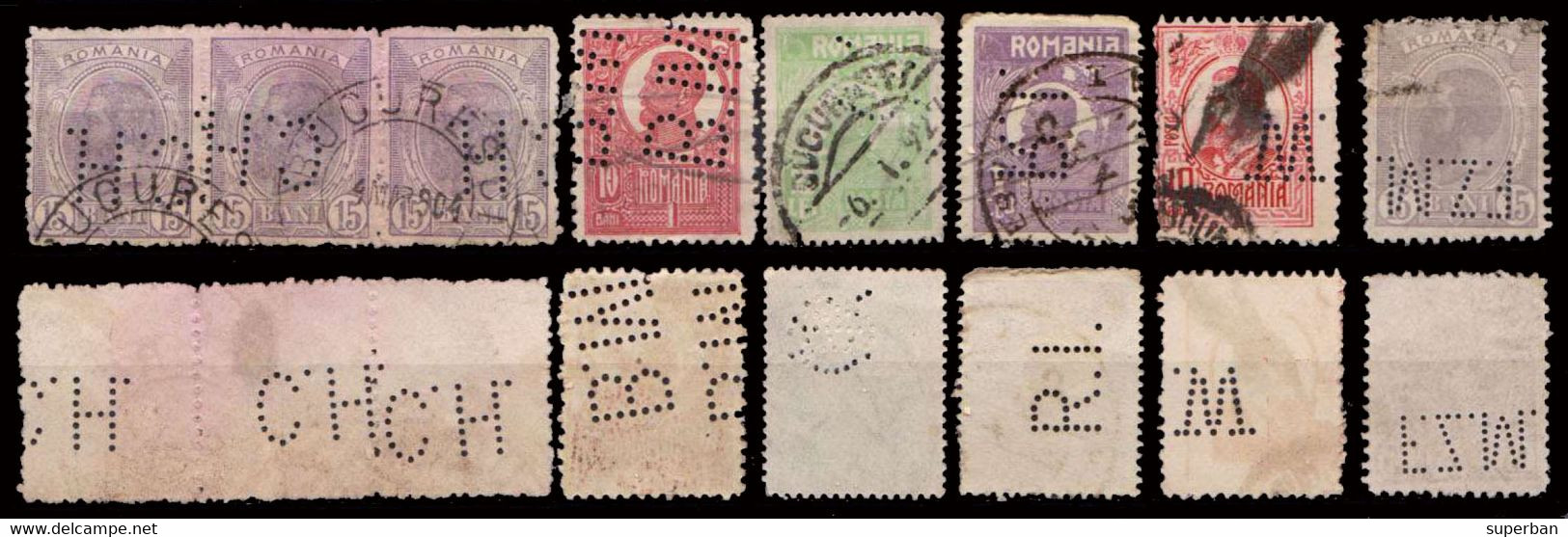 ROMANIA - 46 TIMBRE cu PERFIN - LOT de 46 TIMBRES PERFORÉS / BATCH of 46 STAMPS with PERFORATIONS ~ 1900 - '940 (ai880)