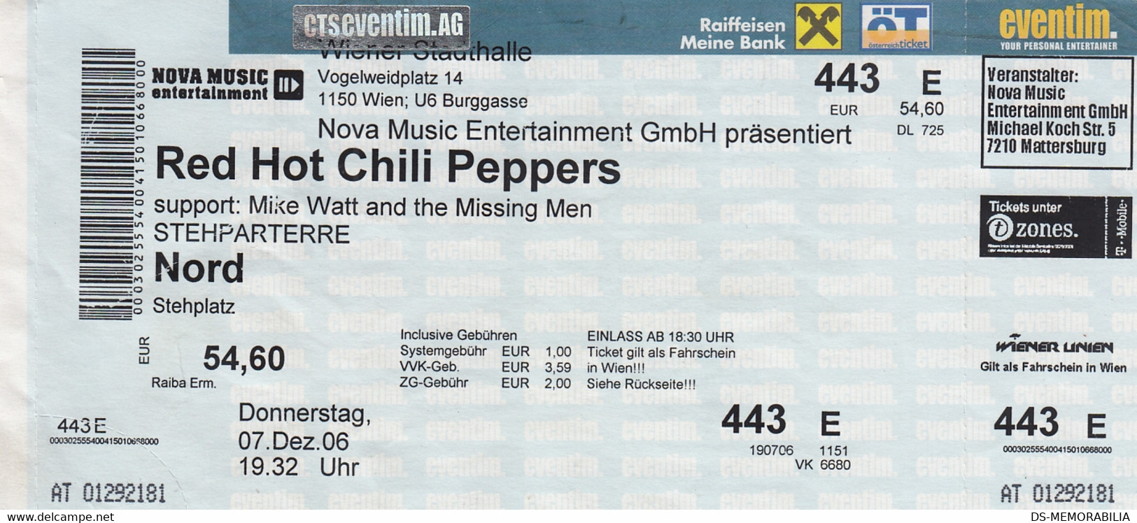 Red Hot Chili Peppers Concert Ticket Wien Austria 2006 - Tickets De Concerts