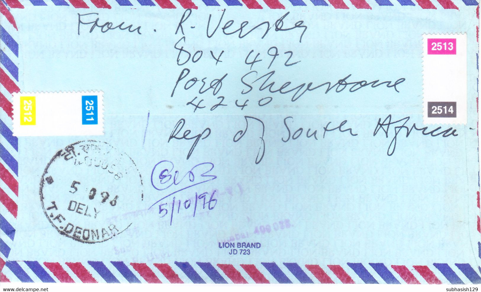 SOUTH AFRICA : ENTIRE : YEAR 1995 : POSTED FROM PORT SHEPSTONE : DELIVERY AT T. F. DEONAR, INDIA, SMALL POST POST OFFICE - Lettres & Documents