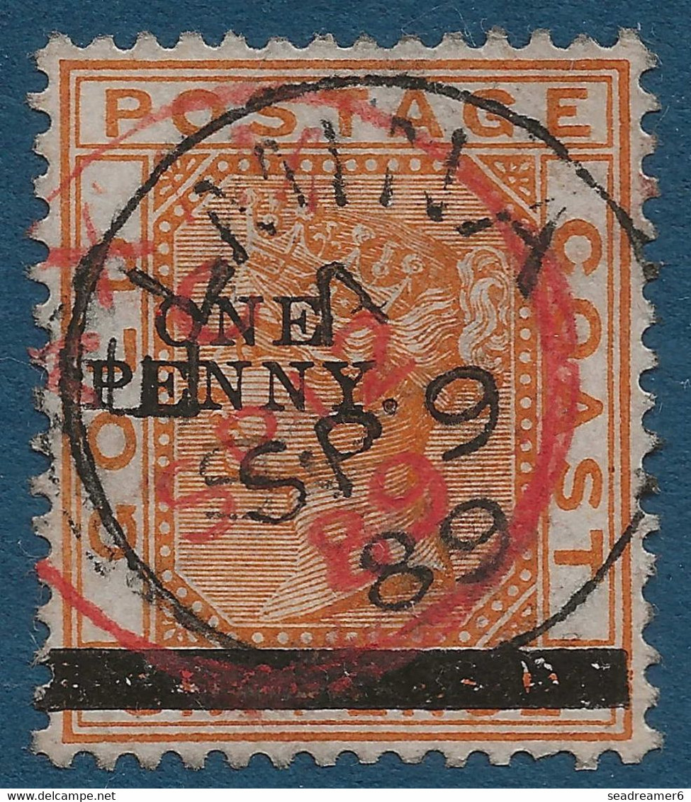 GOLD COAST N°21 1 Penny Sur 6 Pence Orange Obl 2 Dateurs !! ELMINA Noir 9 Sept Depart Et AXIM Rouge 12 Sept Arrivée RRR - Côte D'Or (...-1957)