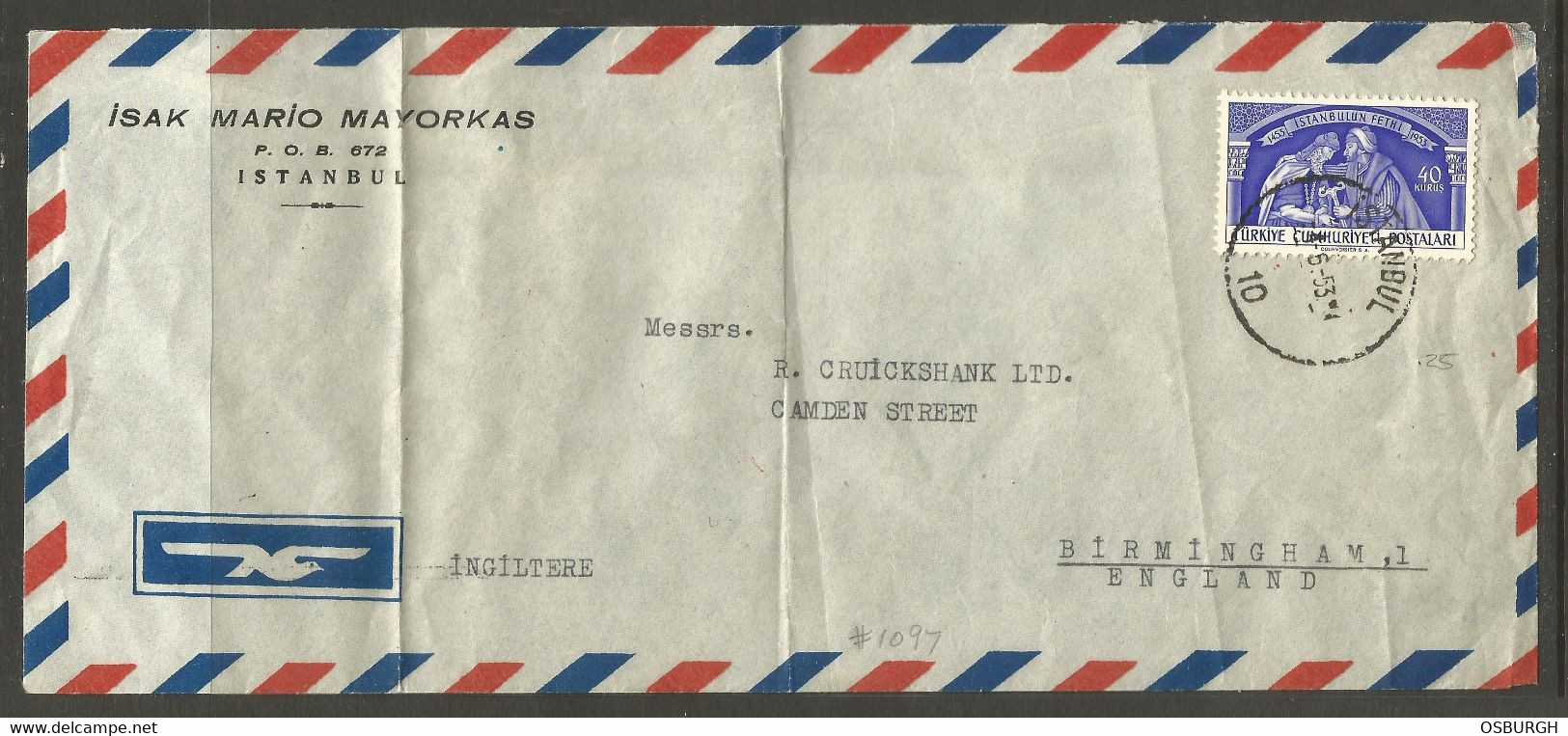 TURKEY. 1953. AIR MAIL COVER. ISTANBUL. ISAK MARIO MAYORKAS. ADDRESSED TO BIRMINGHAM. - Covers & Documents