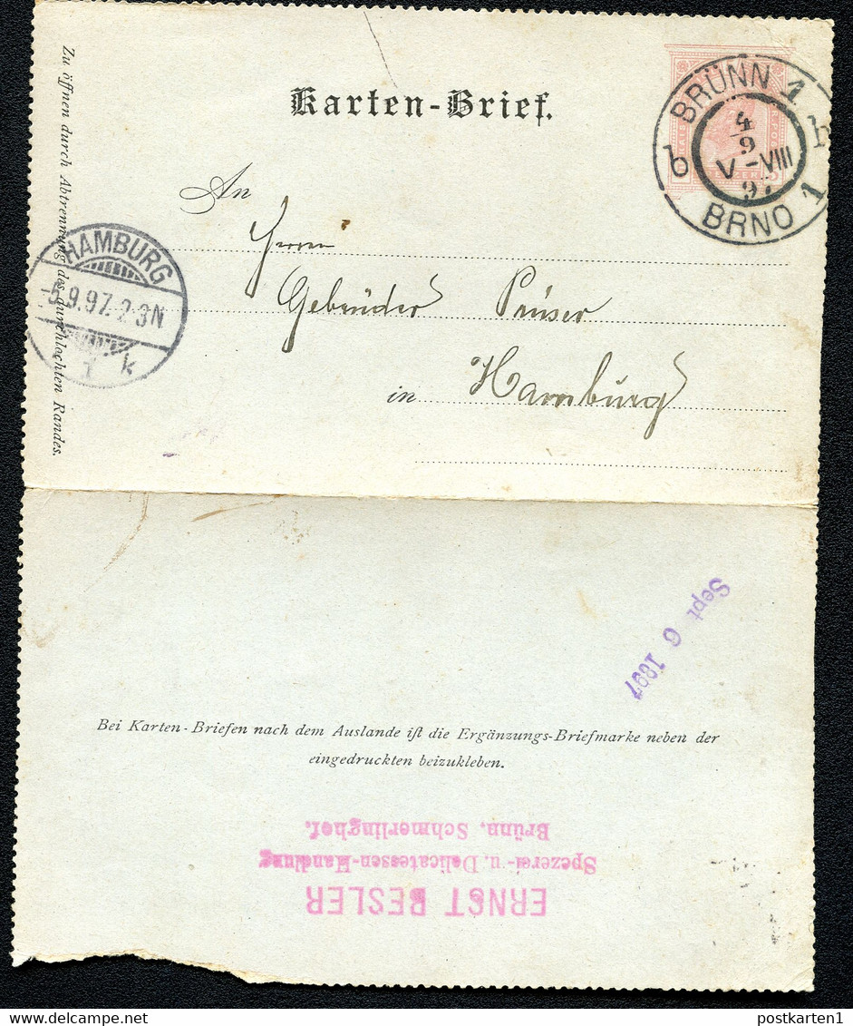 ÖSTERREICH Kartenbrief K22 Brünn Brno - Hamburg 1897 - Cartes-lettres