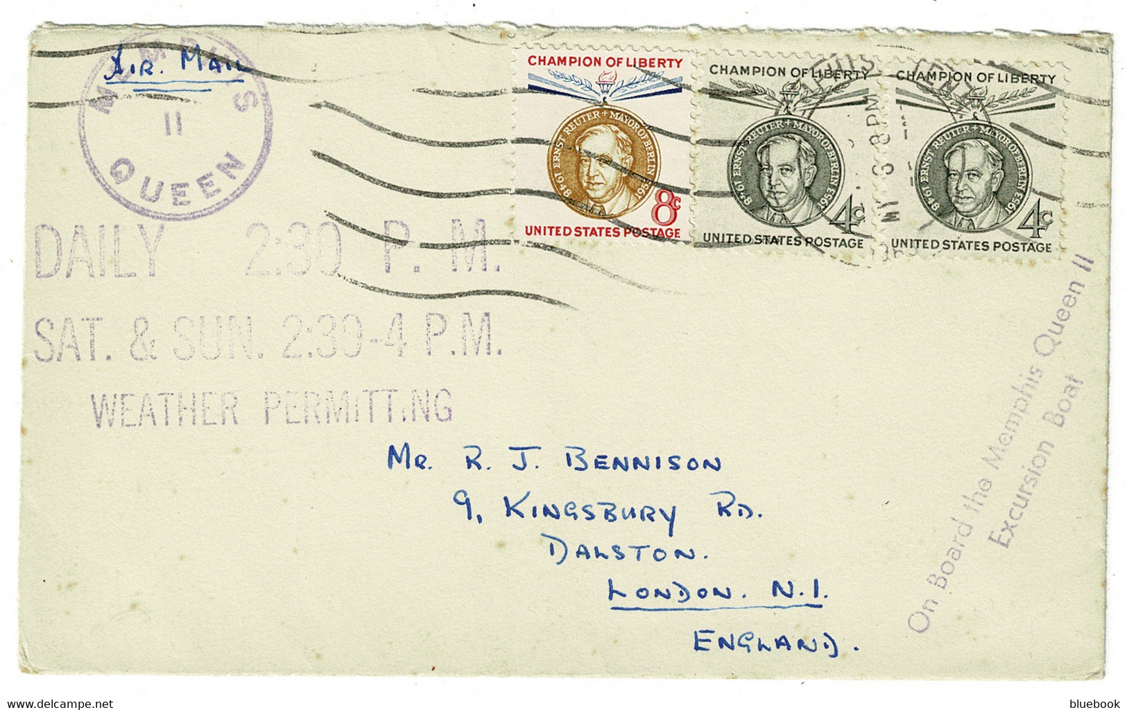 Ref 1519 - USA Maritime Ship Cover - "Memphis Queen II" Special Cachets 16c Rate To London - Cartas & Documentos