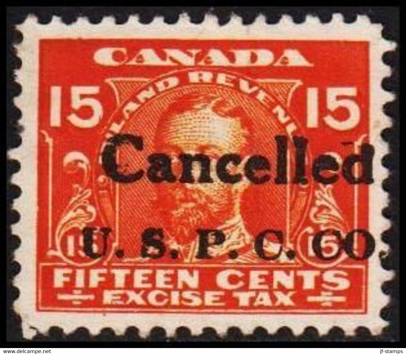 1903. CANADA EXCISE TAX 15 FIFTEEN CENTS INLAND REVENUE Cancelled U.S.P.CO. Interesting Set-off Print Reve... - JF516227 - Local, Strike, Seals & Cinderellas