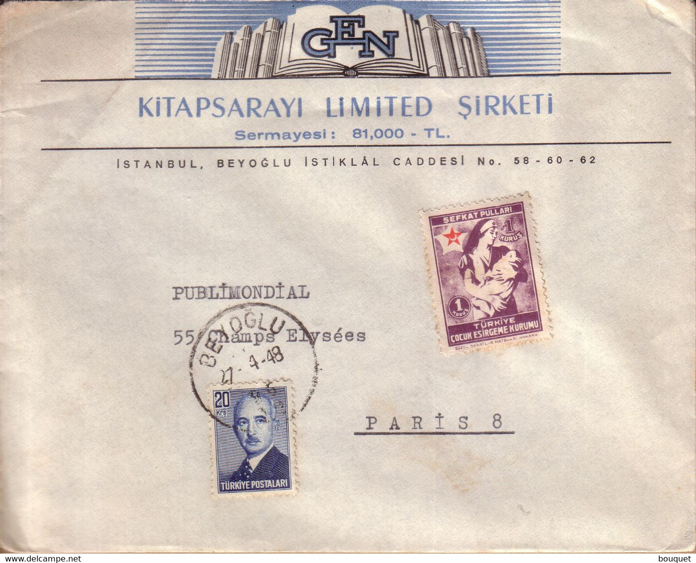 TURQUIE - LETTRE DE KITAPSARAYI LIMITED SIRKETI A BEYOGLU POUR PARIS - 1948 - Cartas & Documentos