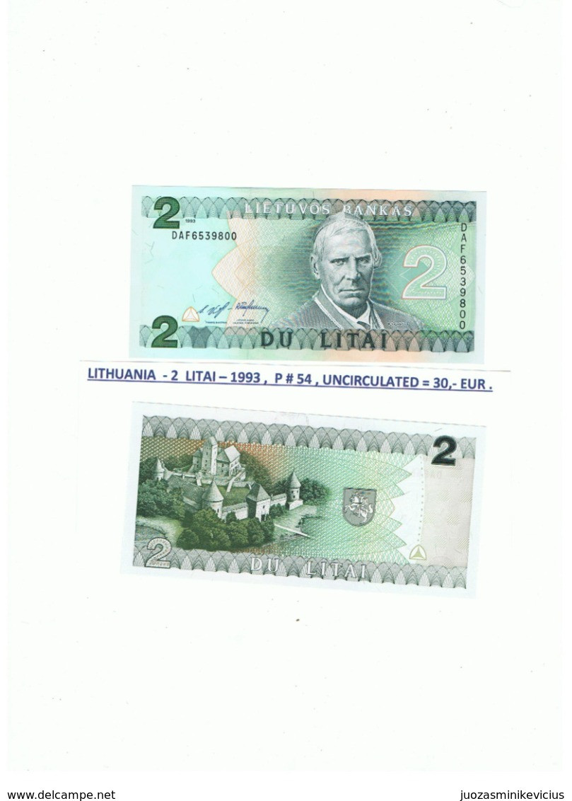 LITHUANIA- 2  LITAI-1993 , P # 54 , UNCIRCULATED - Litauen