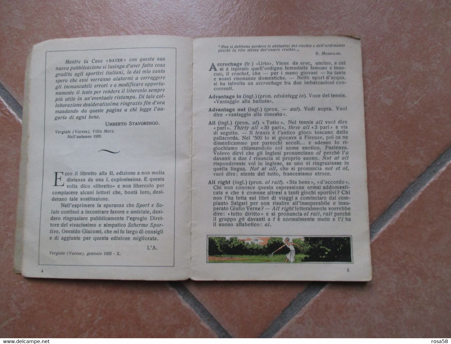 1932 SPORT SALUTE Raccolta Di Voci Sportive 2°edizione Casa Farmaceutica BAYER Come Scrivono Pronunciano Medicina Sporti - Médecine, Psychologie