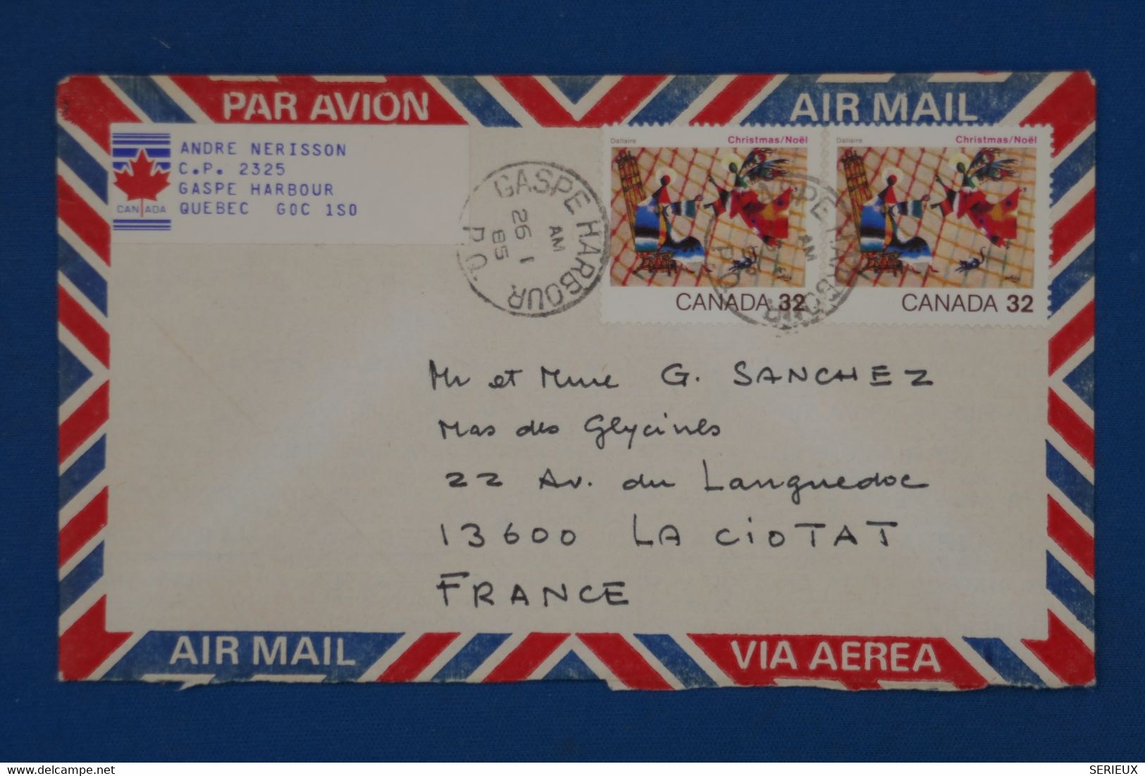 AP14 CANADA QUEBEC BELLE LETTRE   1985 PAR AVION GASPE HARBOUR  POUR L A CIOTAT FRANCE +PAIRE DE TP+  AFFRANCH. PLAISANT - Storia Postale