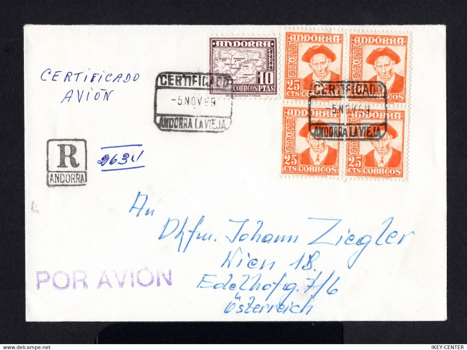 S4413-ANDORRE-AIRMAIL REGISTERED  COVER ANDORRA La VIEJA To VIENNA (austria).1959.Enveloppe RECOMMANDEE AERIEN. - Storia Postale