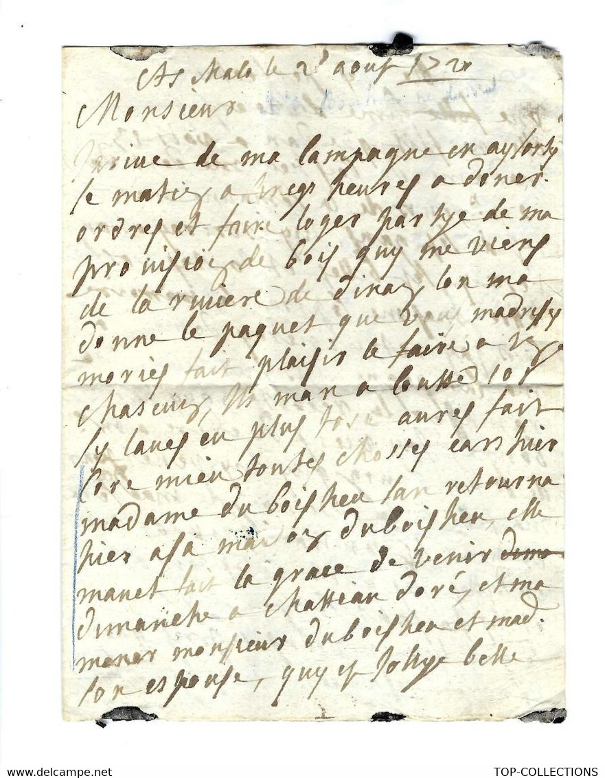 1720  MARQUE POSTALE  St Malo Saint-Malo => Dumesnil  Vitré  BRETAGNE NOBLESSE  NOMS Cités  "Chateau Doré"  Sign.+texte - Historische Documenten