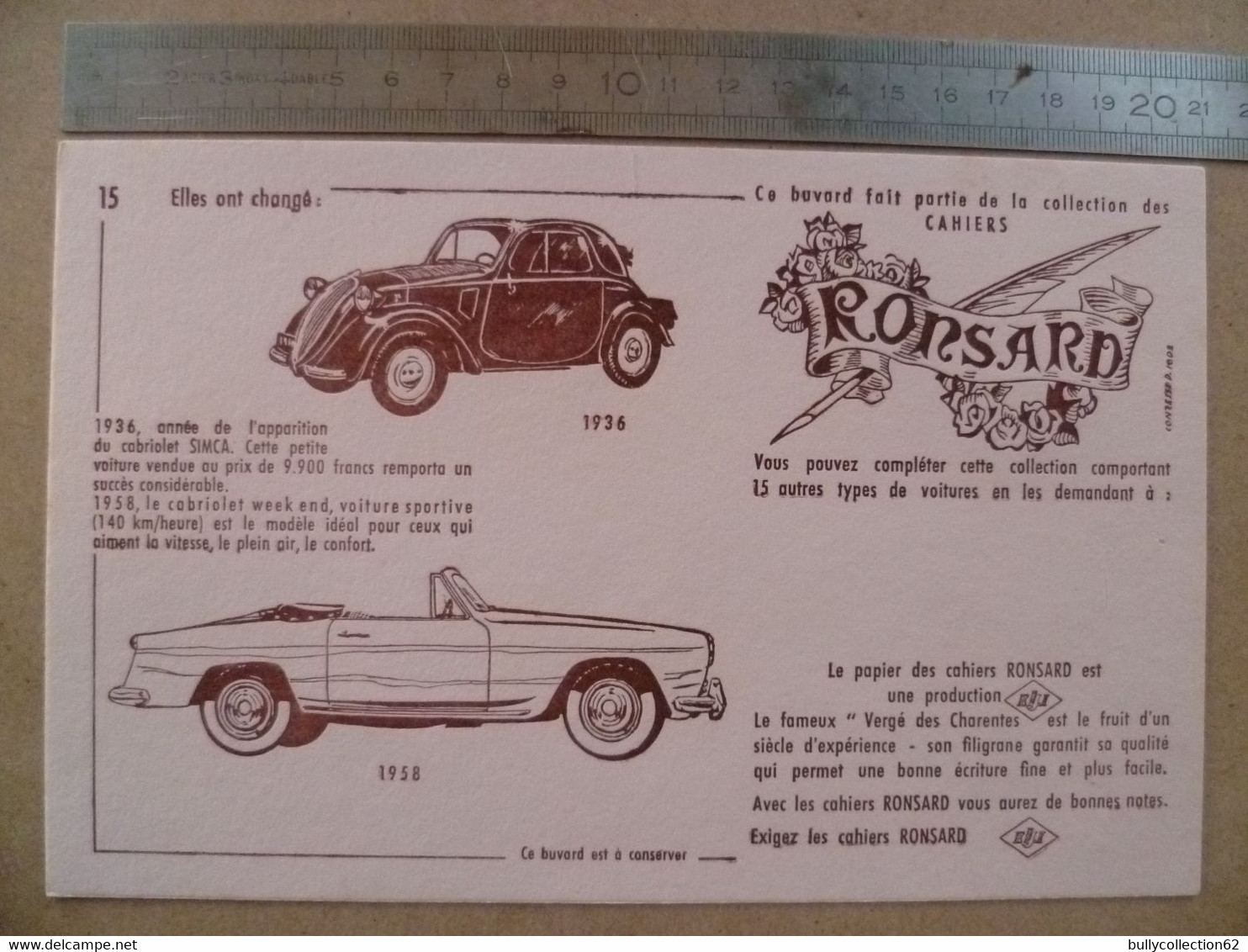 BUVARD -  Le Papier Des Cahiers RONSARD - Les Célèbres Marque De Voitures -  SIMCA  -   Numéro:  15 - Papierwaren