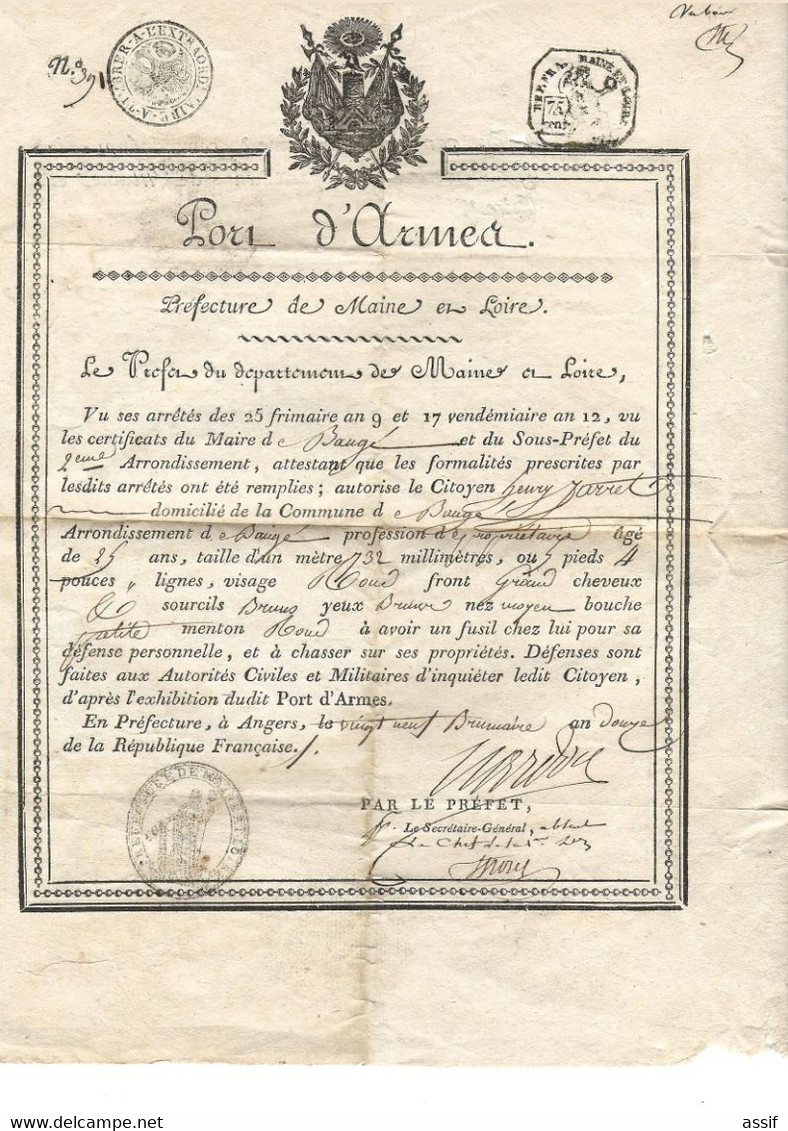 Port D'Armes  AN 12 ( = 21.11.1803 ) Maine Et Loire Baugé Henry Jarret Hugues Nardon Préfet - Sin Clasificación