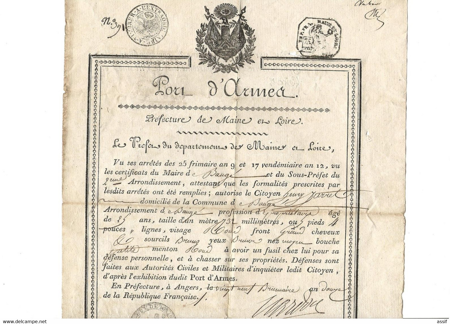 Port D'Armes  AN 12 ( = 21.11.1803 ) Maine Et Loire Baugé Henry Jarret Hugues Nardon Préfet - Sin Clasificación