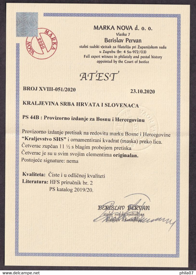 Austria/Bosnia&Herzegovina - Mi.No. 45B, Block Of Four In Rarer Perforation 11 1/2, Certificate Pervan. - Briefe U. Dokumente