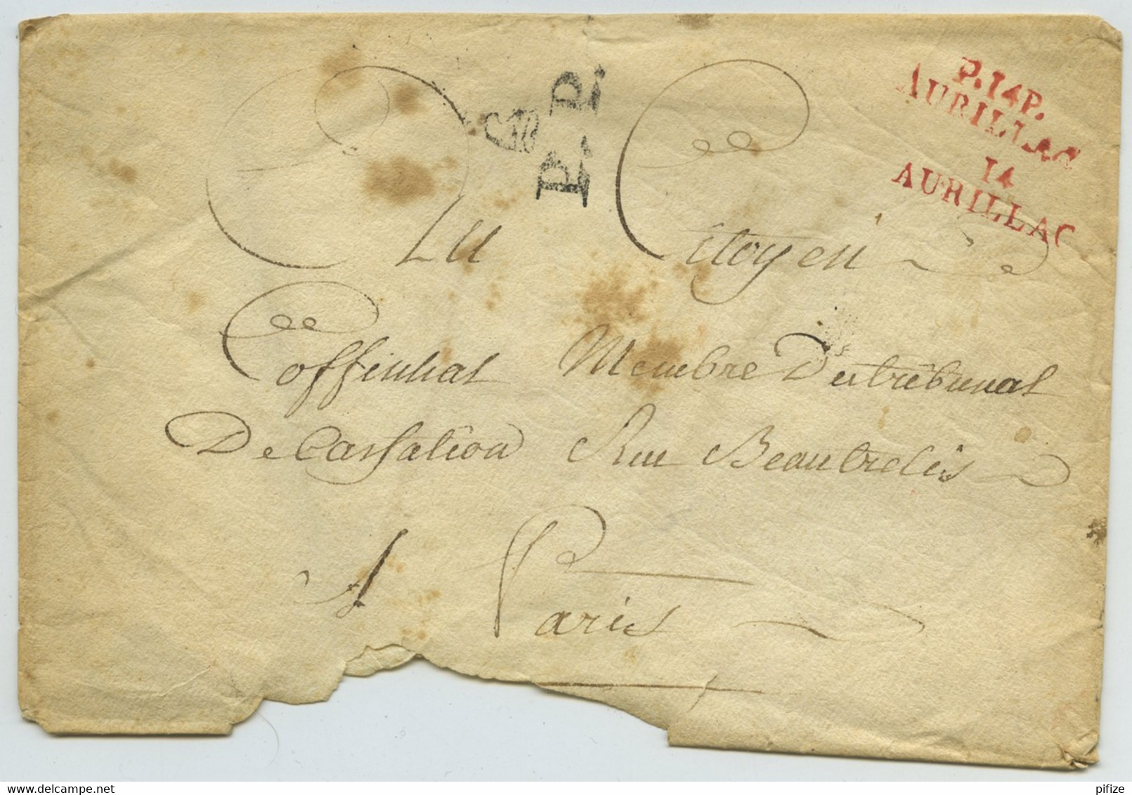 14 AURILLAC + Port Payé P14P AURILLAC + PP Bonnet Phrygien / Enveloppe à Cachet Municipalité De Vic-sur-Cère (Cantal). - 1701-1800: Precursors XVIII