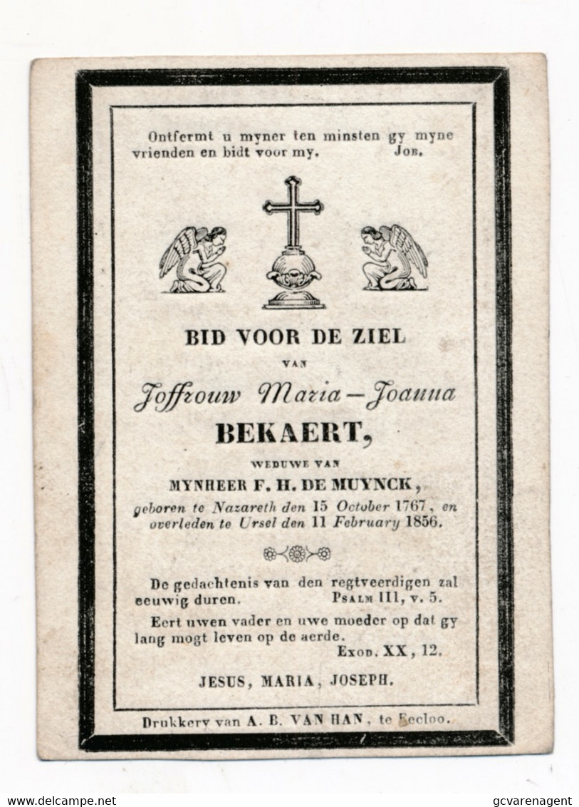 MARIA JOANNA BEKAERT   NAZARETH 1767 - URSEL 1856    2 SCANS - Overlijden