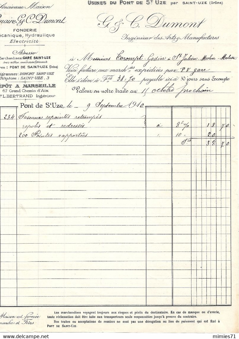 FACTURE DROME SAINT UZE C. DUMONT FONDERIE - Altri & Non Classificati