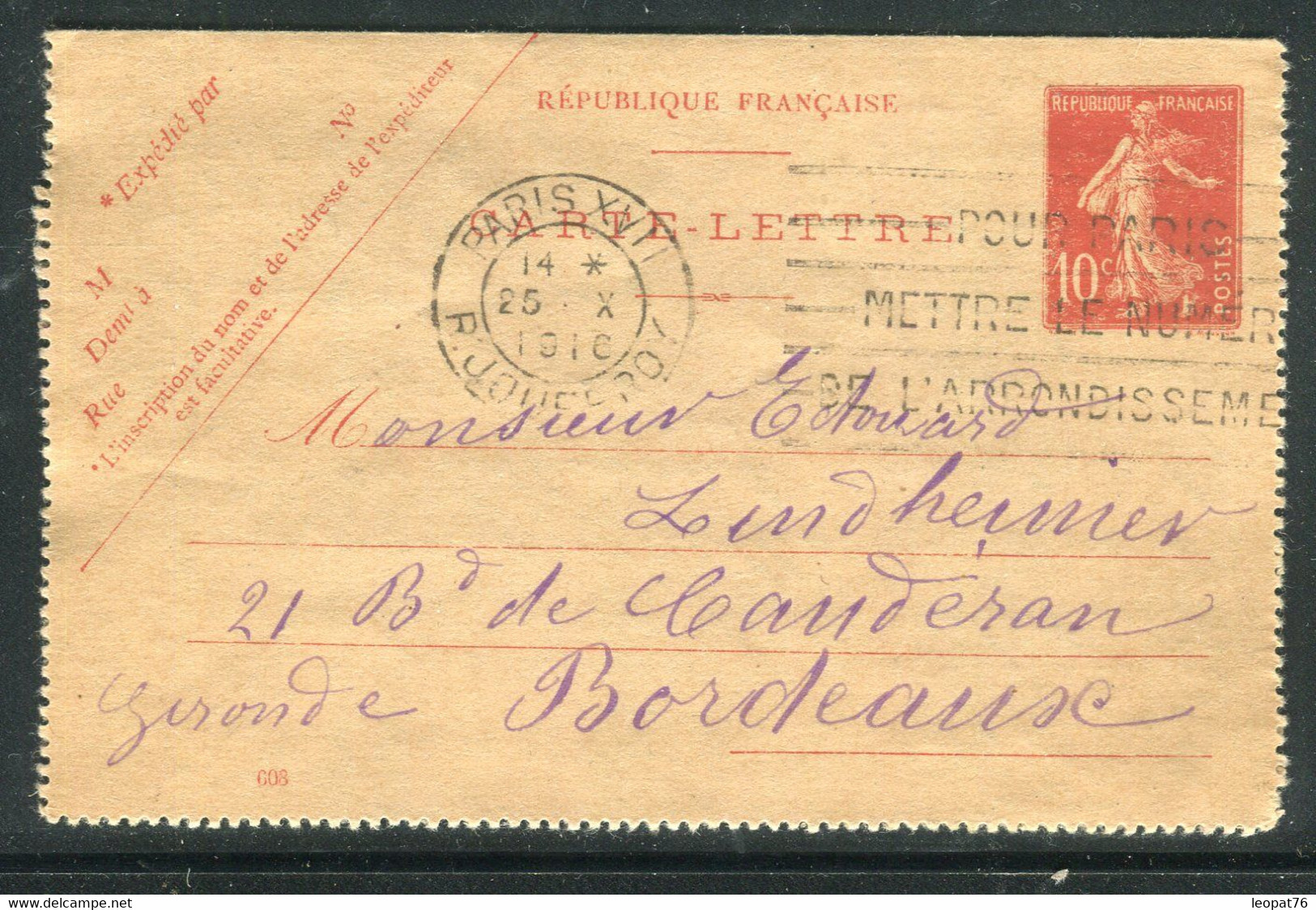 Entier Postal Carte Lettre Type Semeuse De Paris Pour Bordeaux En 1916 - Réf F16 - Kaartbrieven