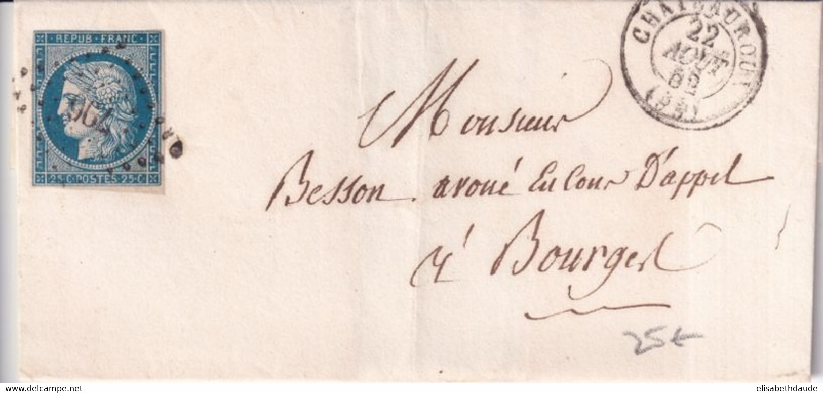 1852 - INDRE - CERES 25c Sur LETTRE De CHATEAUROUX PC 796 => BOURGES - 1849-1850 Ceres