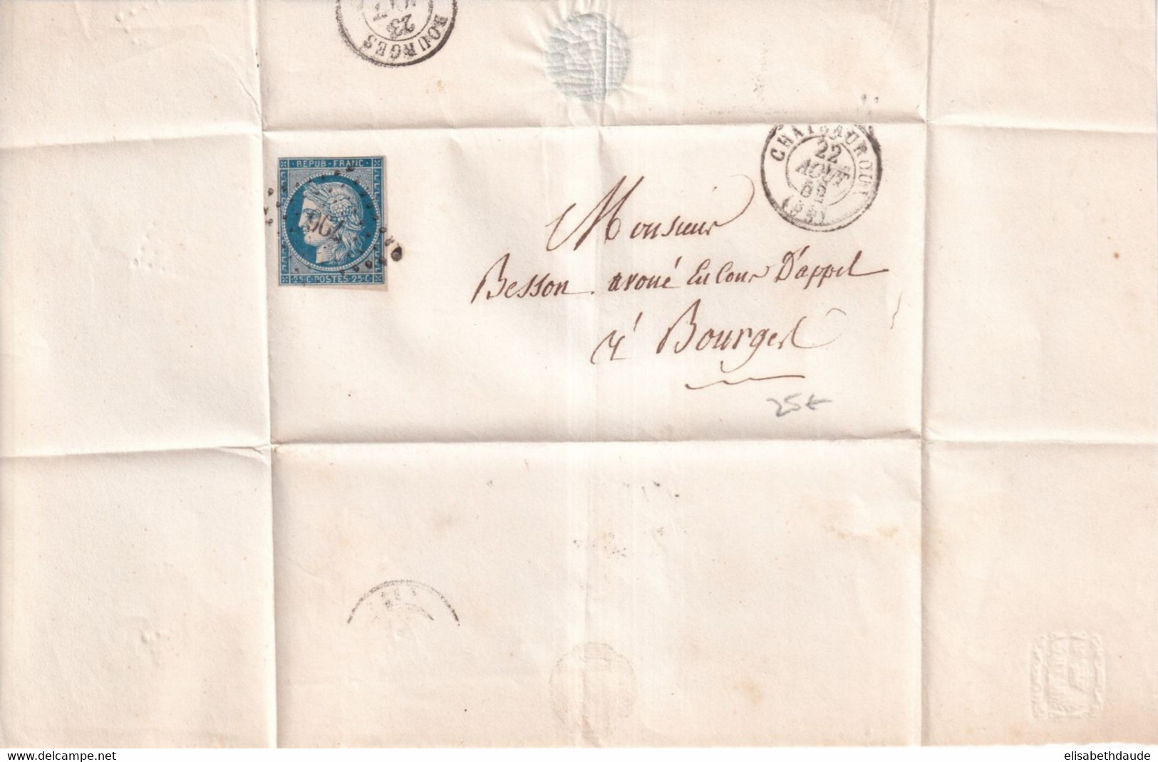 1852 - INDRE - CERES 25c Sur LETTRE De CHATEAUROUX PC 796 => BOURGES - 1849-1850 Ceres