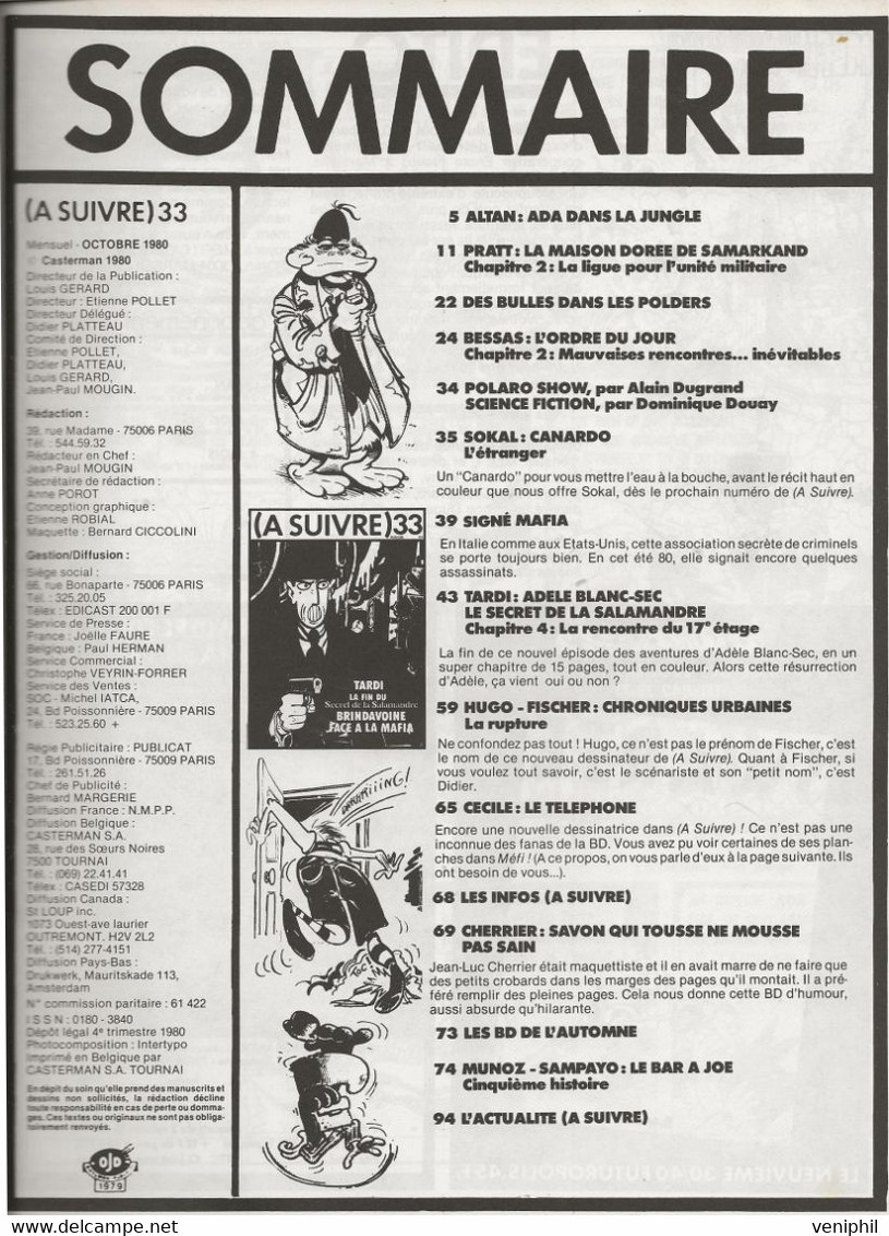 "A SUIVRE " MAGAZINE N° 33 -BD TARDI -LA FIN DU SECRET DE LA SALAMANDRE -BRINDAVOINE FACE A LA MAFIA - OCT 1980 - Da Seguire