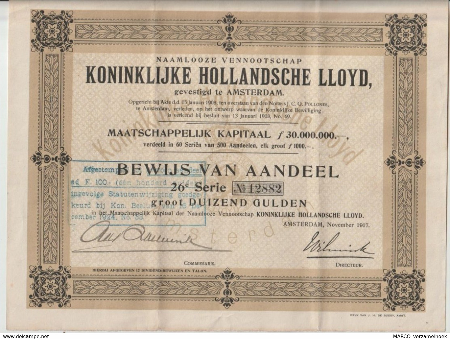 Oud Aandeel-warrant Koninklijke Hollandsche Lloyd Amsterdam (NL) 1917 - J - L