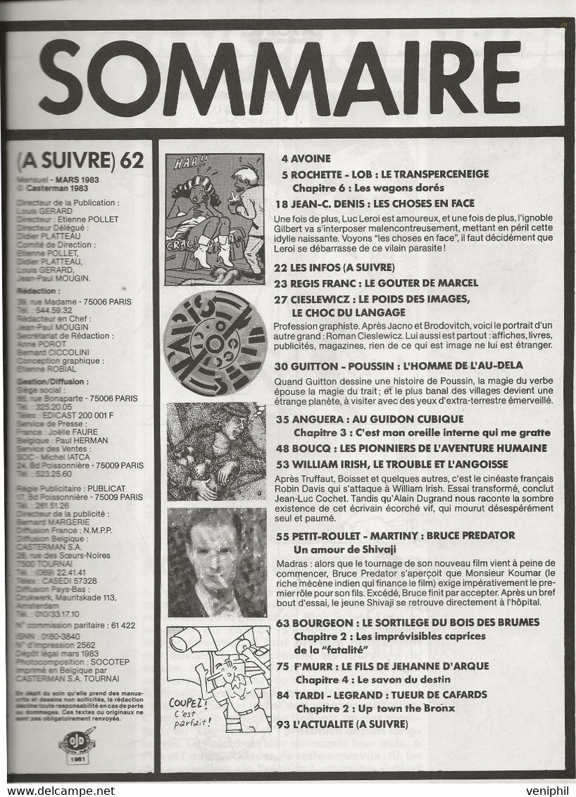 "A SUIVRE " MAGAZINE N° 62 -BD TARDI - LEGRAND - TUEUR DE CAFARDS -  MARS 1983 - A Suivre