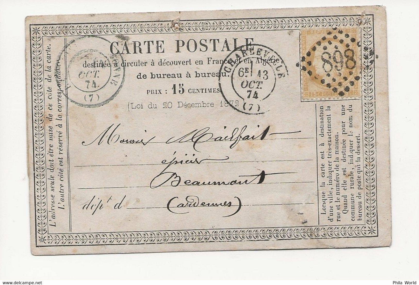 CARTE PRECURSEUR OFFICIELLE N° 10 FEVRIER 1873 GROS CHIFFRE 898 De CHARLEVILLE INDICE 8 Aff CERES Bistre - 1849-1876: Classic Period