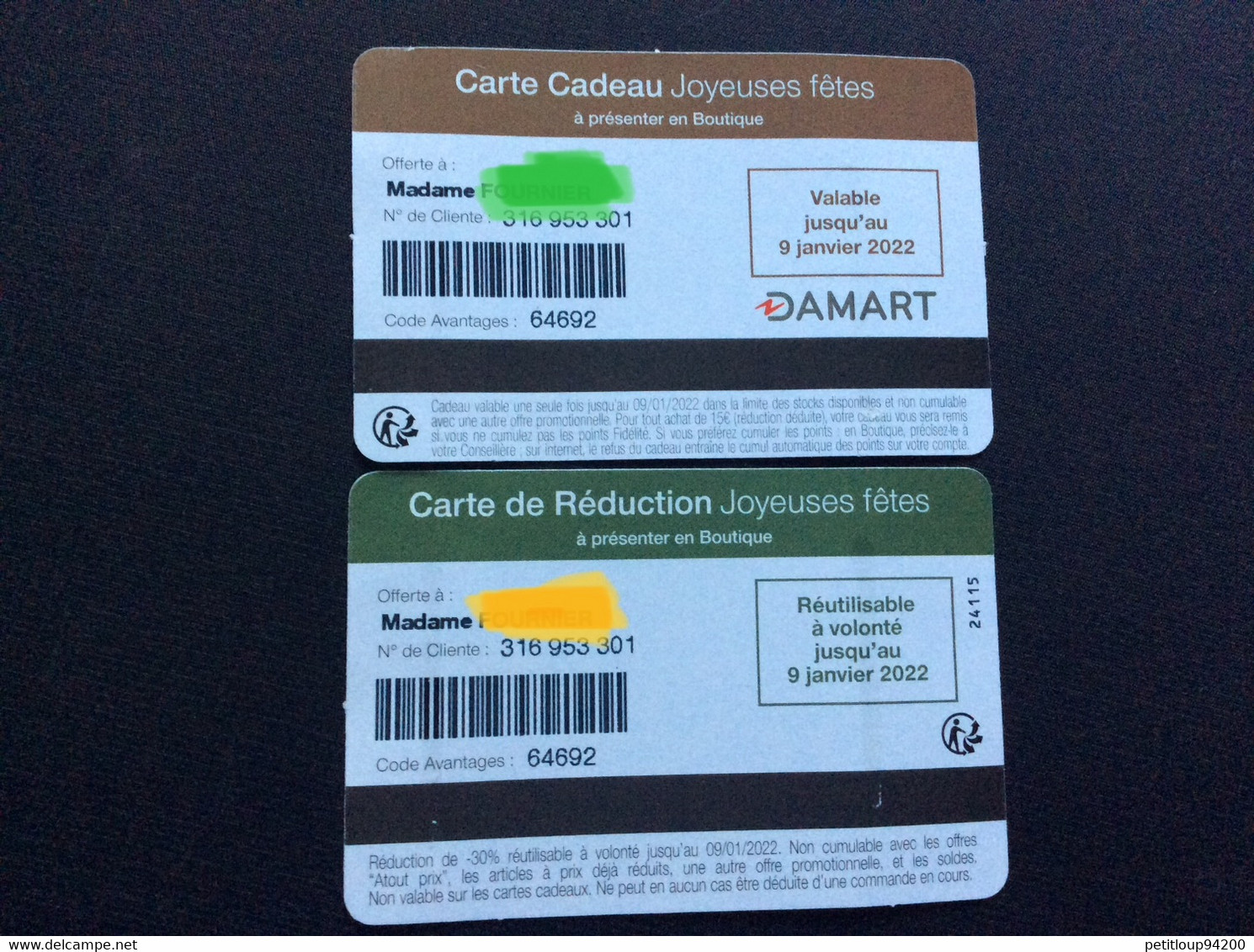 CARTE CADEAU + CARTE DE FIDÉLITÉ *DAMART - Ausstellungskarten