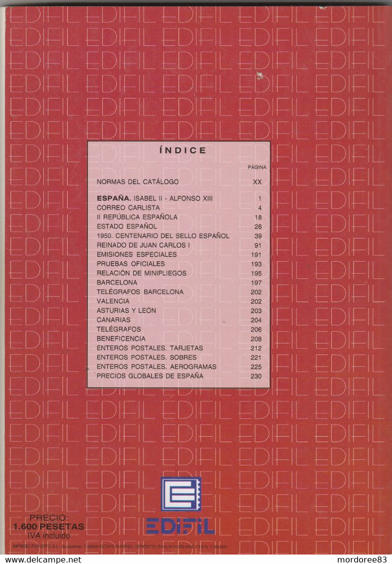 Catalogo Unificado Edifil De Sellos De Espana 2001 229 Pages - Spain