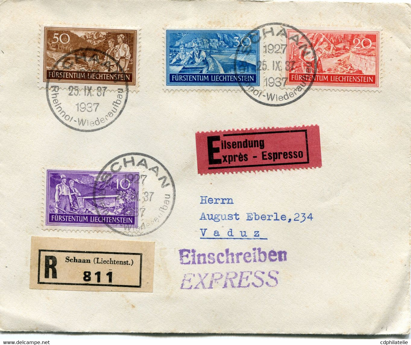 LIECHTENSTEIN LETTRE RECOMMANDEE EXPRESS AFFRANCHIE AVEC LES N°137/140 DEPART SCHAAN 25 IX 37 POUR LE LIECHTENSTEIN - Lettres & Documents