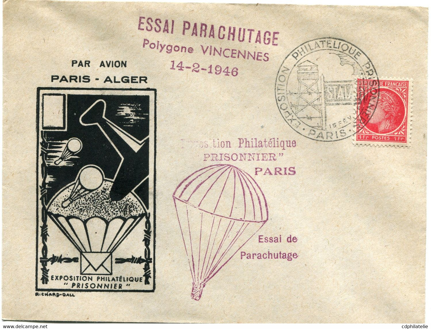 FRANCE ENVELOPPE ILLUSTREE EXPOSITION PHILATELIQUE "PRISONNIER" + CACHET ESSAI PARACHUTAGE POLYGONE VINCENNES 14-2-1946 - 1945-47 Ceres (Mazelin)