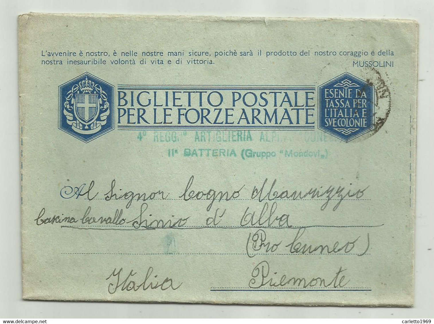 BIGLIETTO POSTALE FORZE ARMATE 4 REGG. ARTIGLIERIA ALPINI CUNEO 11a BATTERIA GRUPPO MONDOVI  1942 - Stamped Stationery