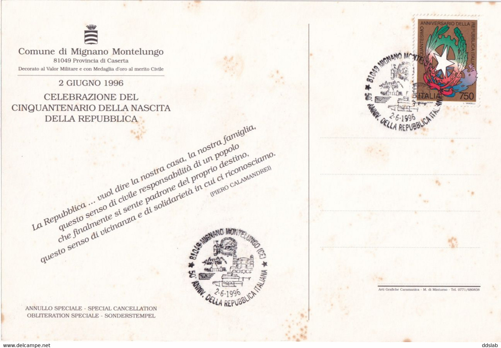 Mignano Monte Lungo (Caserta) - Cartolina 22X15 - Annullo Filatelico 50° Repubblica Italiana - Caserta