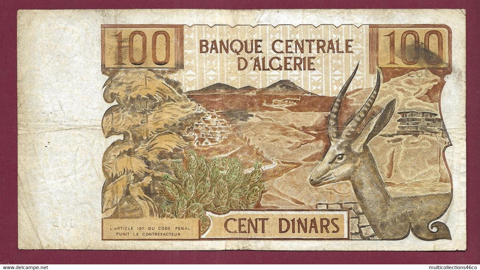 010222 - Billet BANQUE CENTRALE D'ALGERIE Cent 100 Dinars 1-11 1970 - Plis Trous - Algerije