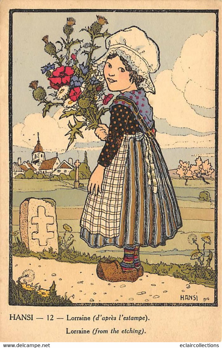 Illustrateur   Hansi     Jeune Fille Tenant Un Bouquet De Fleurs  Sur Une Pierre La Croix De Lorraine      (voir Scan) - Hansi