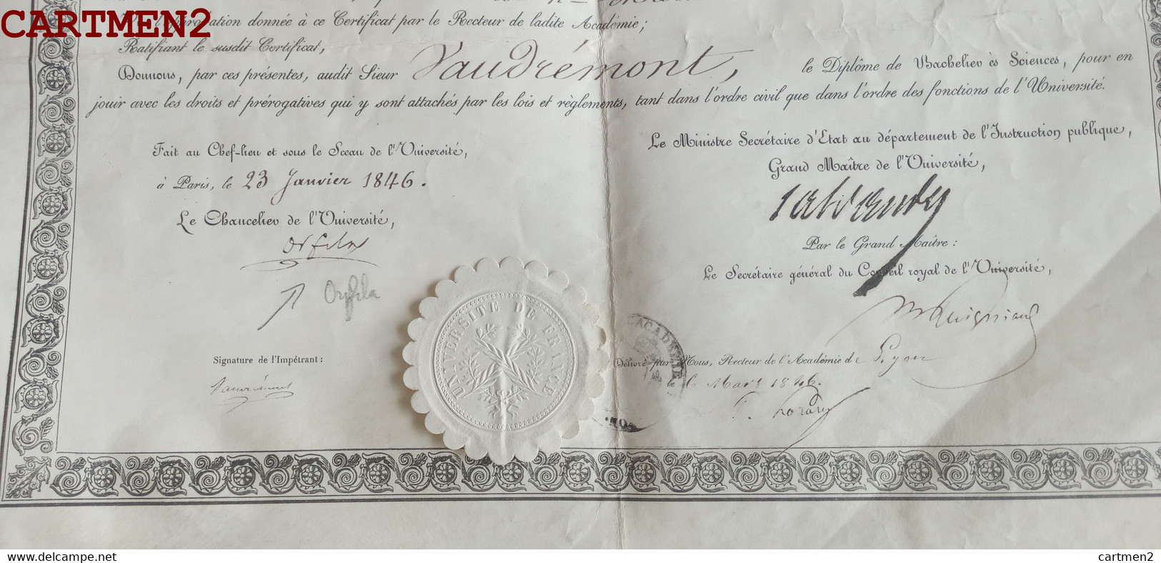 DIPLOME NARCISSE-ACHILLE DE SALVANDY MINISTRE GERS CONDOM LYON BACHELIER SCIENCES AMBASSADEUR DEPUTE ACADEMIE  1845 - Diplômes & Bulletins Scolaires