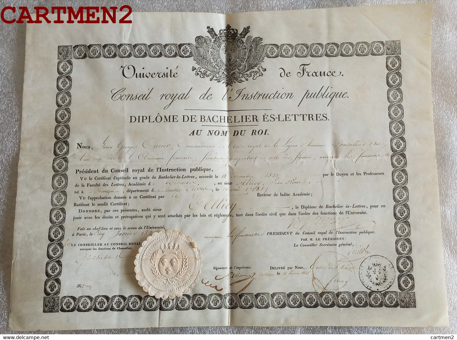 DIPLOME DU BARON GEROGES CUVIER ANATOMISTE SCIENTIFIQUE PALEANTOLOGIE COMMANDANT ORDRE ROYAL MEMBRE ACADEMIE 1822 - Diplômes & Bulletins Scolaires