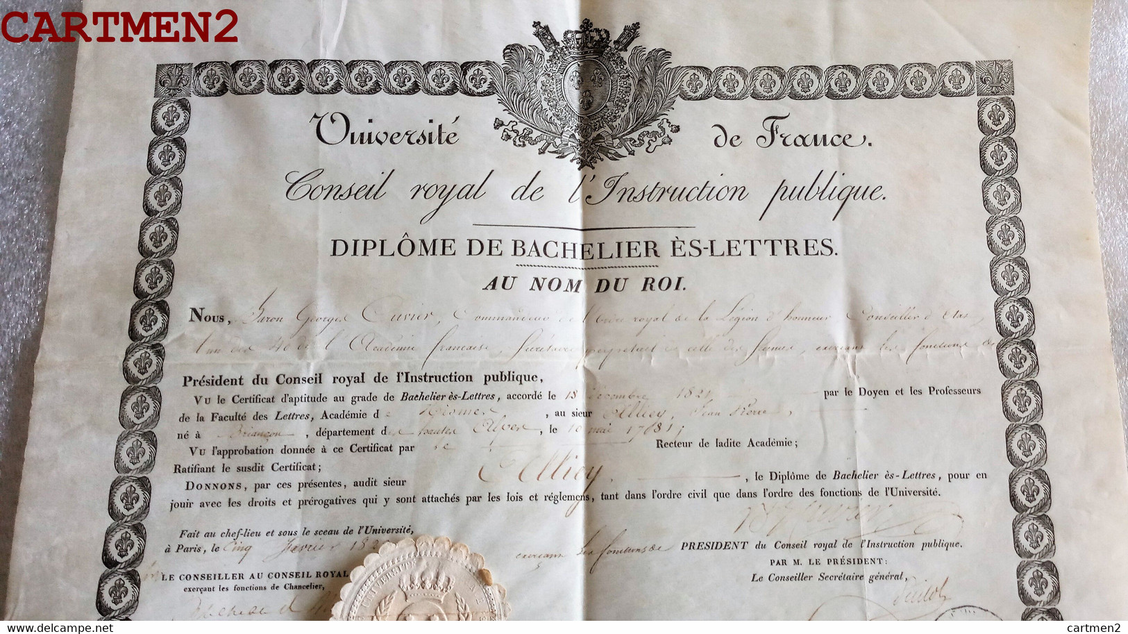 DIPLOME DU BARON GEROGES CUVIER ANATOMISTE SCIENTIFIQUE PALEANTOLOGIE COMMANDANT ORDRE ROYAL MEMBRE ACADEMIE 1822 - Diplômes & Bulletins Scolaires